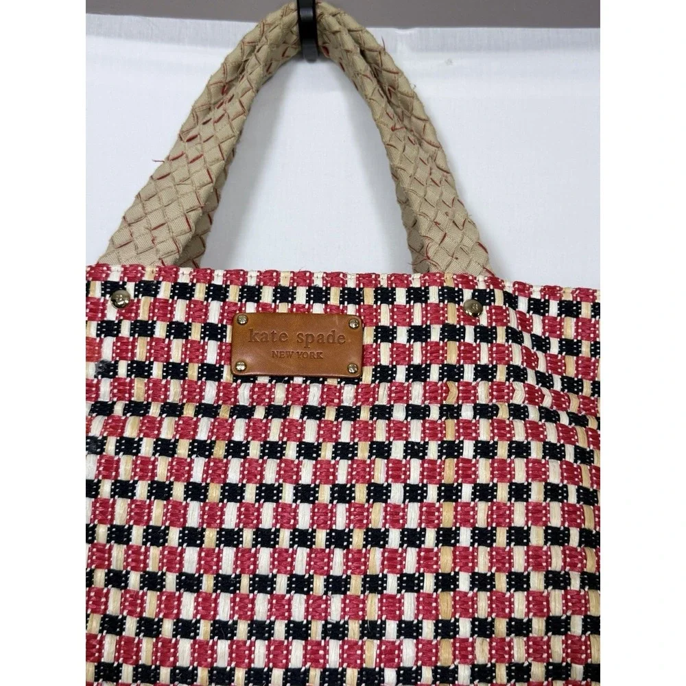 Kate Spade Woven Straw Tote Bag Red Black Cream Leather Trim Large Shopper